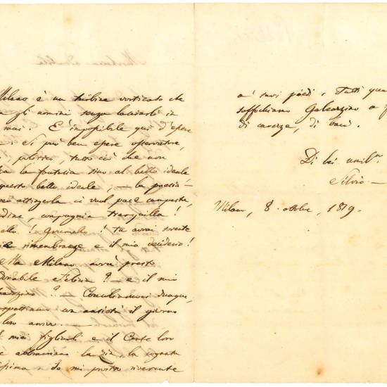 Lettera autografa indirizzata alla marchesa Felicia Giovio Porro (1781-1849). Milano, 8 ottobre 1819