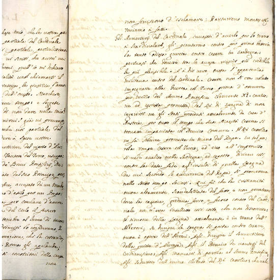 Lettera d?un Prelato al Marchese N.N. in Genova 19 Luglio 1721 (explicit: In Bassano 1721). Manoscritto cartaceo in italiano. Italia, prima metà del XVIII secolo