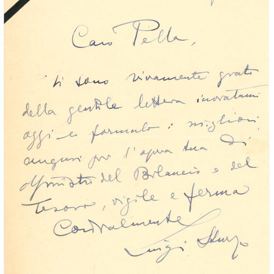 Lettera dattiloscritta su carta intestata, firmata e indirizzata al ministro del tesoro Giuseppe Pella. Roma, 9 agosto 1950