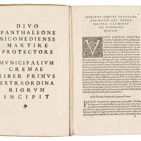 Municipalia Cremae. First colophon (l. S9r): Venice, Aurelio Pinzi, 1536. Second colophon (l. 2A3r): Venice, Giovanni Padovano & Venturino Ruffinelli, 1537