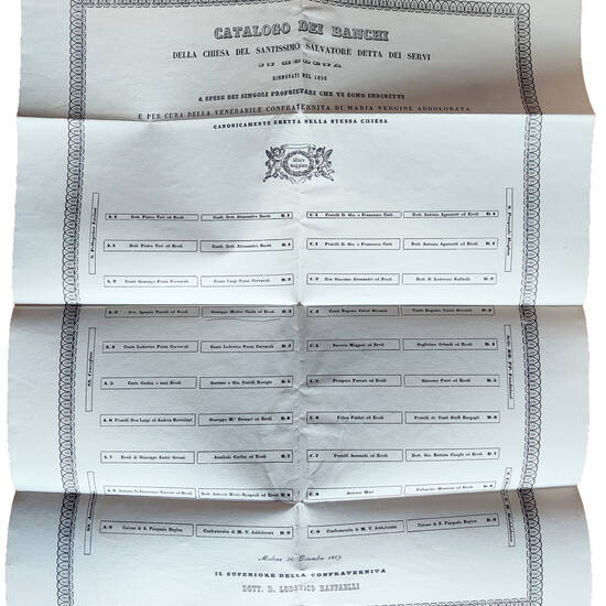 Certificazione di proprietà di un banco presso la Chiesa dei Servi di Modena