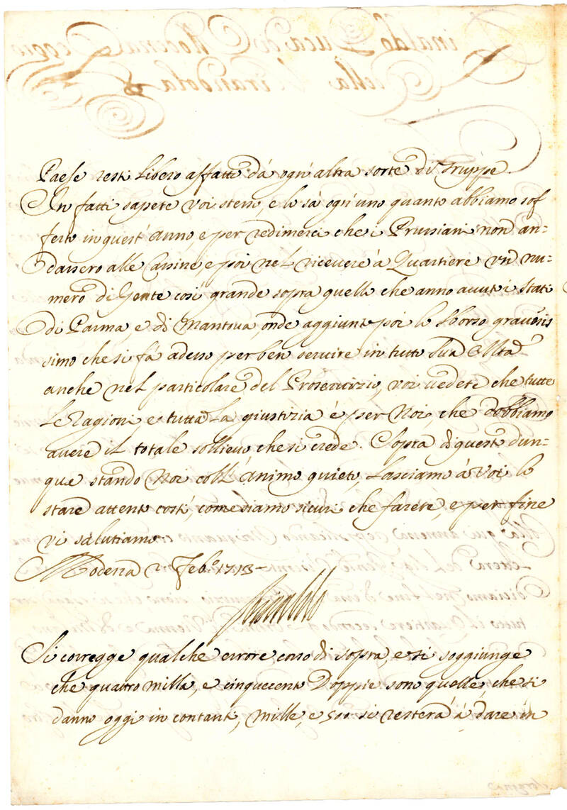 Lettera cancelleresca con firma autografa. Manoscritto su carta. Modena, 2 febbraio 1713