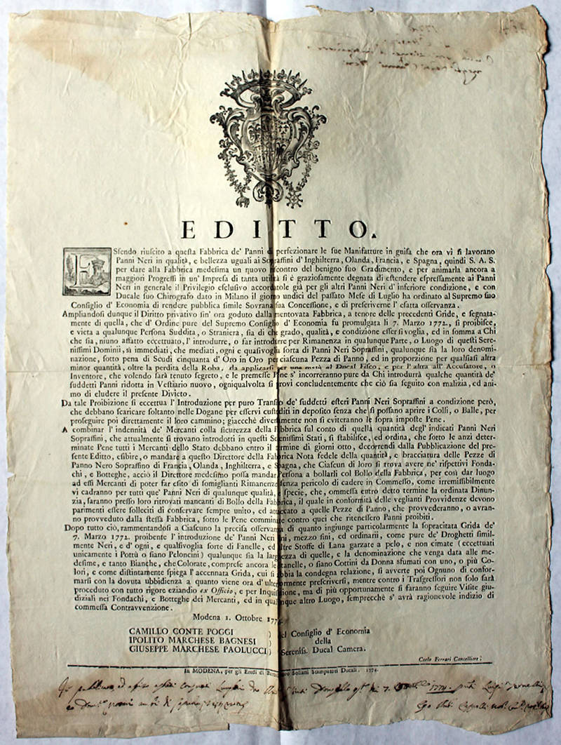 Editto datato 1° ottobre 1774, col quale si vietava l’introduzione di “Panni Neri”