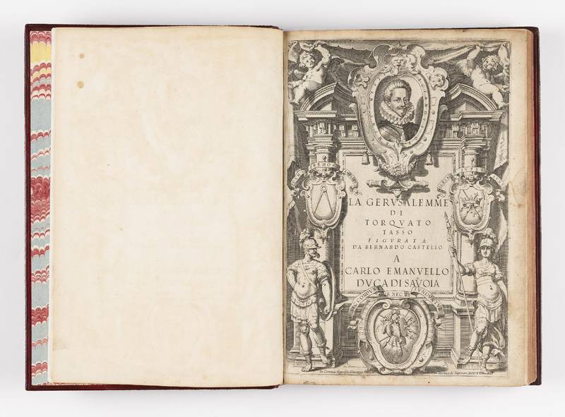 Titolo all?antiporta: La Gerusalemme di Torquato Tasso figurata da Bernardo Castello a Carlo Emanuello di Savoia. Titolo al frontespizio: La Gerusalemme liberata di Torquato Tasso. Con le annotationi di Scipion Gentili, e di Giulio Guastavini, et li argom