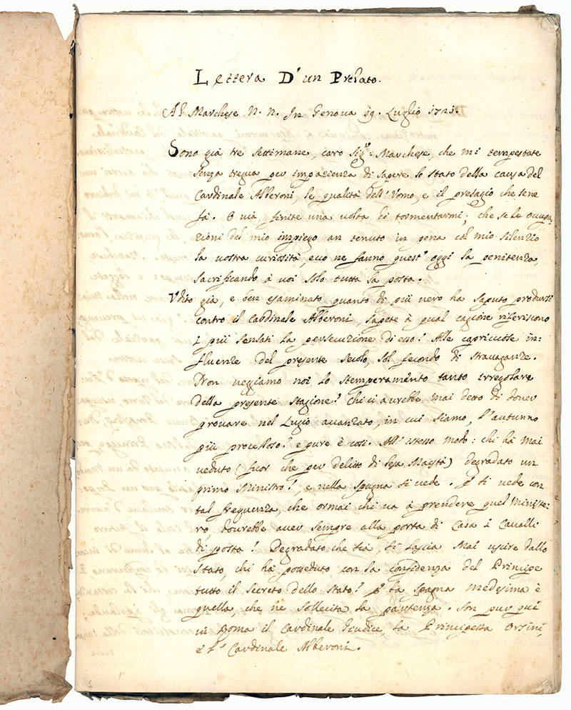 Lettera d?un Prelato al Marchese N.N. in Genova 19 Luglio 1721 (explicit: In Bassano 1721). Manoscritto cartaceo in italiano. Italia, prima metà del XVIII secolo