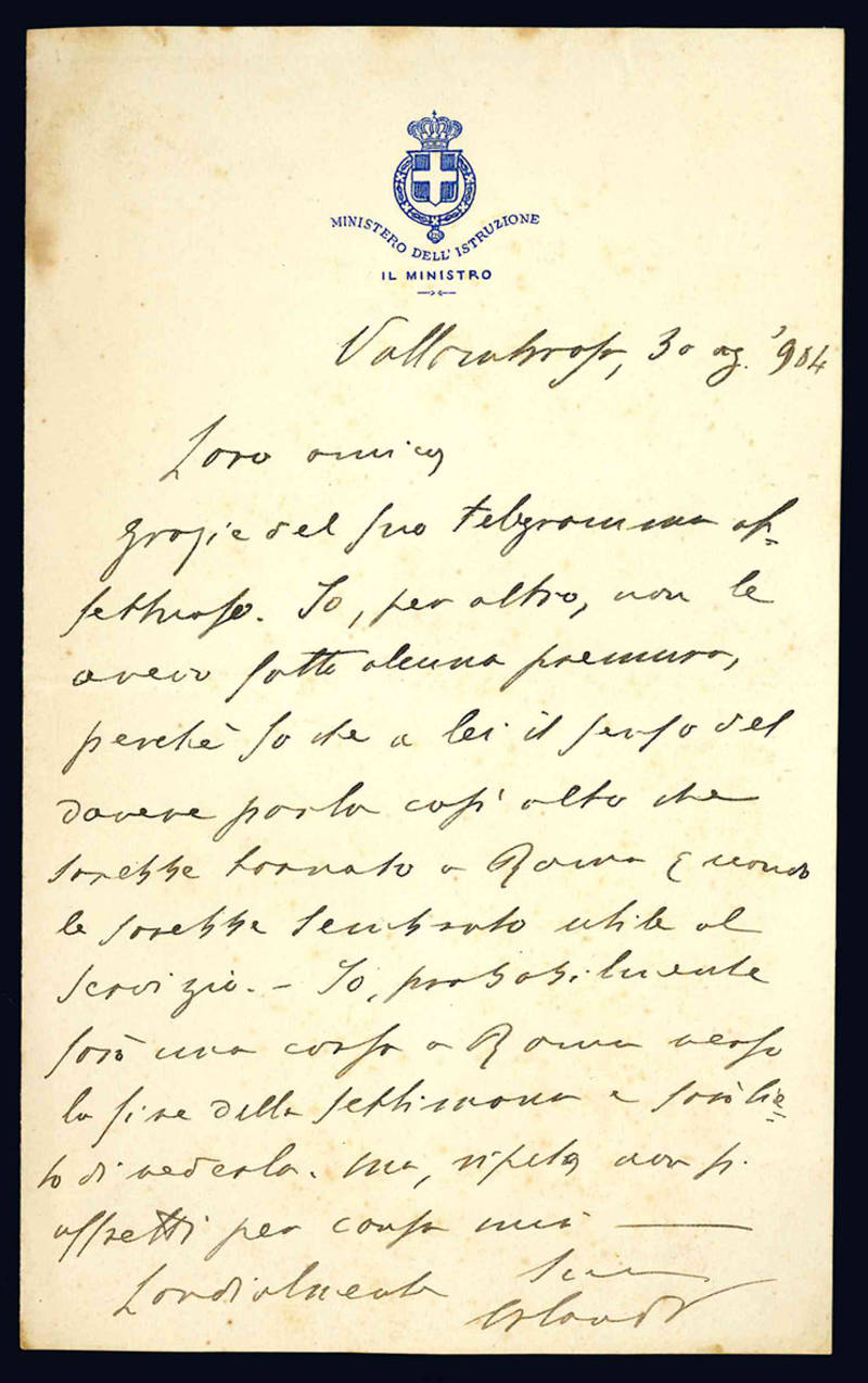 Lettera autografa. Vallombrosa: 30 agosto 1904.