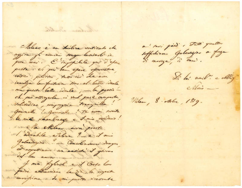 Lettera autografa indirizzata alla marchesa Felicia Giovio Porro (1781-1849). Milano, 8 ottobre 1819