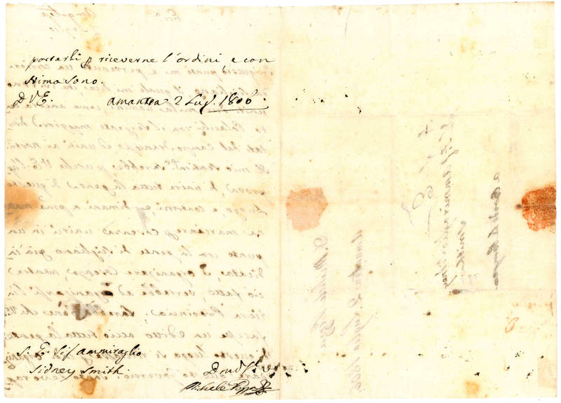 Lettera autografa firmata e indirizzata all’Ammiraglio inglese Sidney Smith a bordo “La Pompea”. Da Amantea, 2 luglio 1806