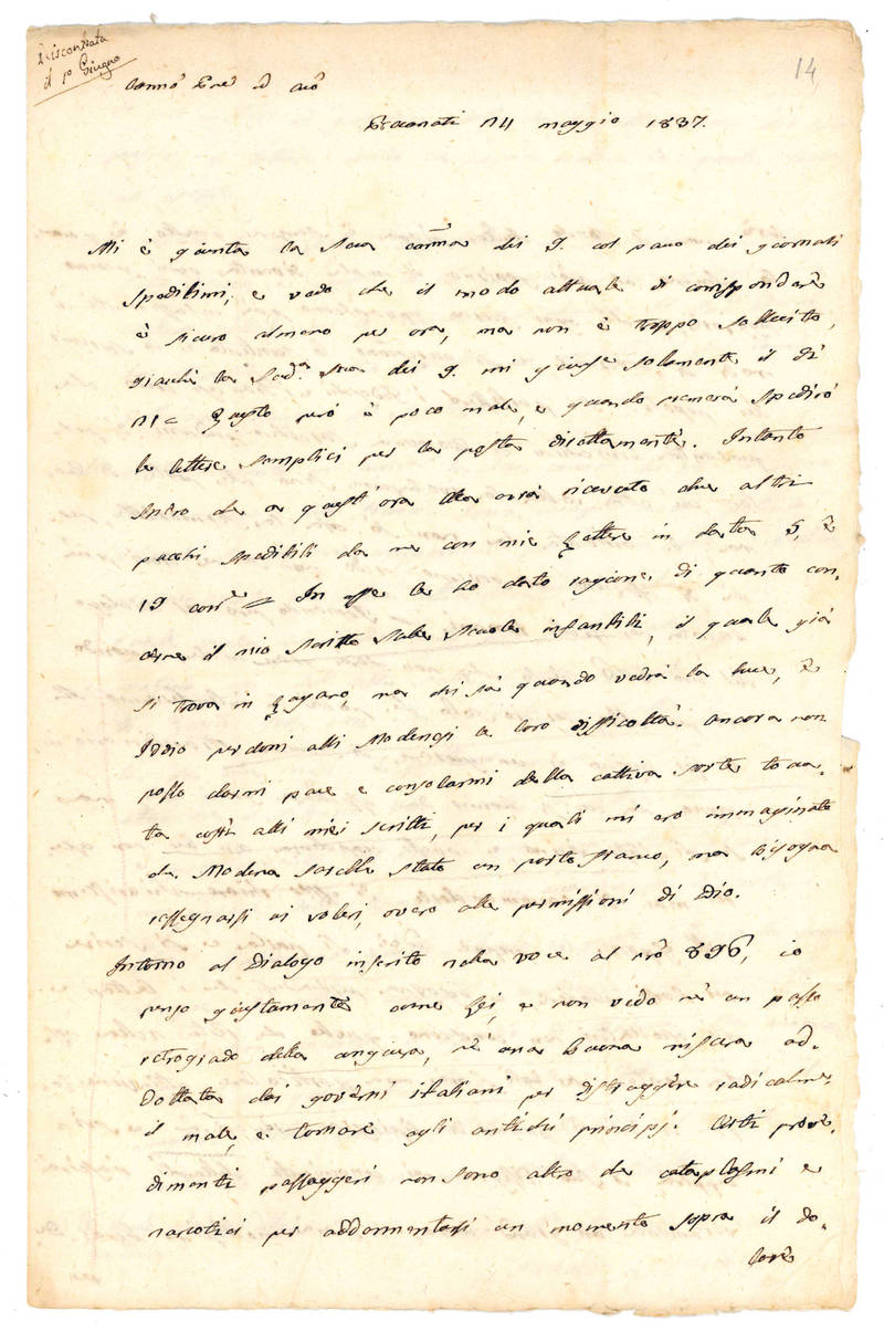 Lettera autografa firmata indirizzata a Don Luigi Palmieri a Modena. Recanati, 24 maggio 1837