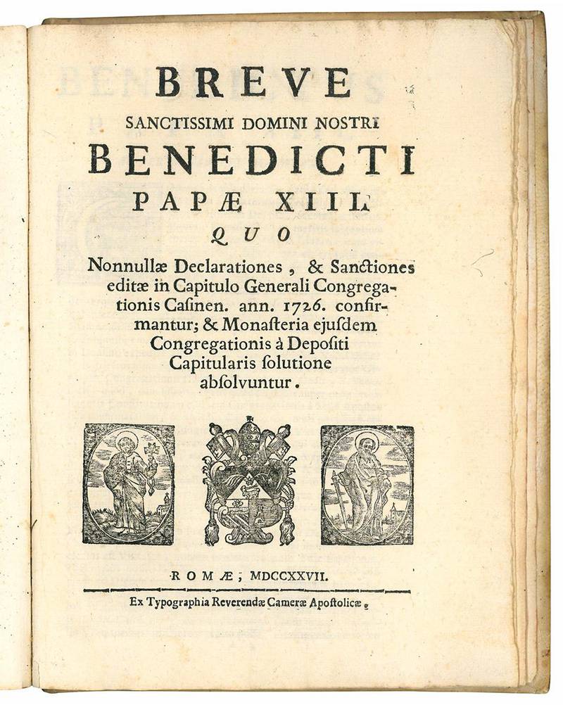 Regula sancti Benedicti abbatis monachorum patriarchae Cum Declarationibus, & Constitutionibus Patrum Congregationis Casinensis Motu Proprio confirmatis à Sanctiss. D.N. D. Innocentio Papa XI. Anno Domini MDCLXXX. (insieme a:) BENEDICTUS XIII. Breve Sanc