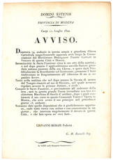 Dominj Estensi. Provincia di Modena. Carpi 11. Luglio 1822. Avviso. Giovanni Bonasi Podestà