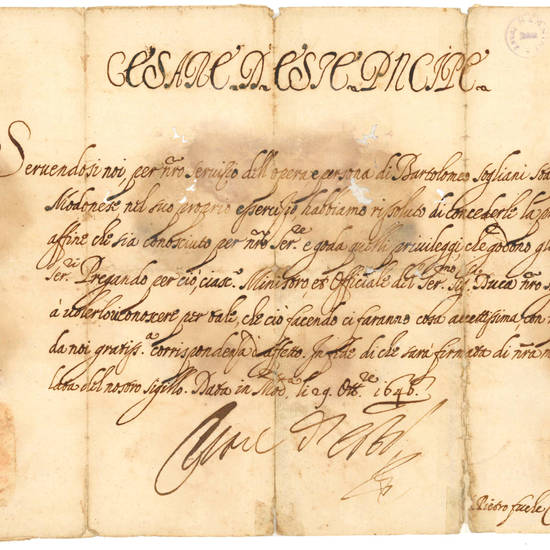 Autograph letter signed granting special privileges to the typographer Bartolomeo Soliani. Modena, 29 October 1646