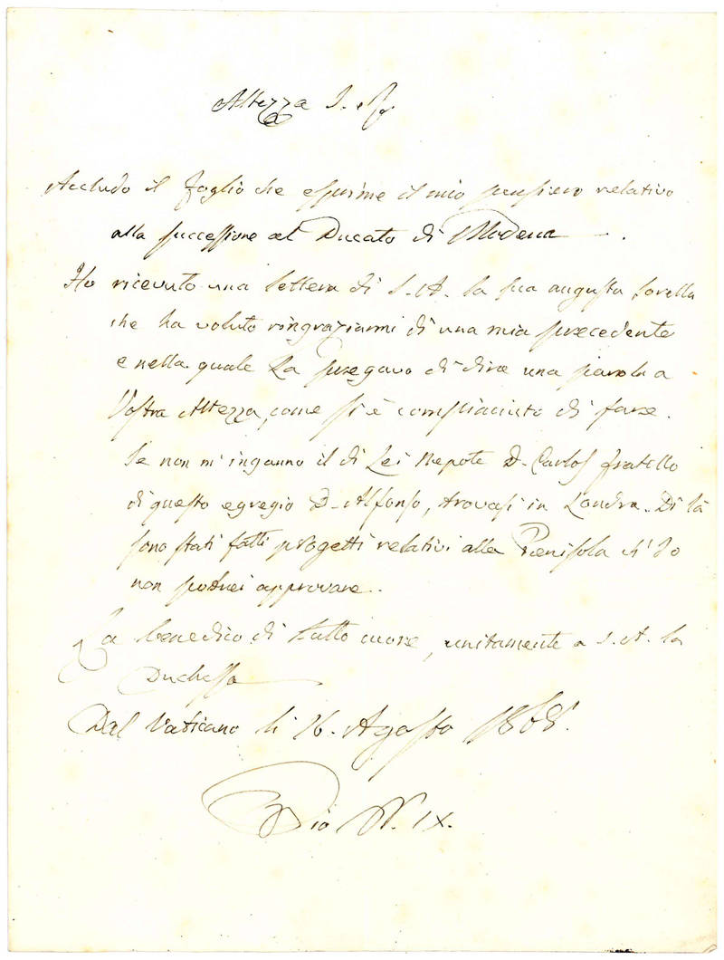 Autograph letter signed and addressed to Francis V, Duke of Modena. From the Vatican, on 16 August 1868