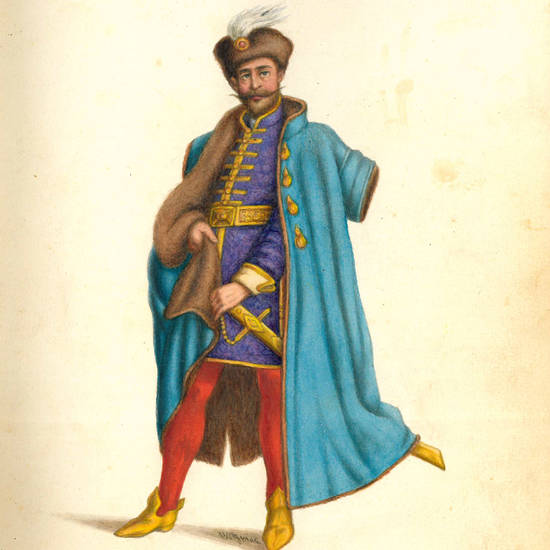 Collection of 70 watercolor drawings showing different theater costumes signed Witzmann. Germany or Austria, c. 1879