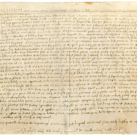 Contract recording the sale of a 18-year old Tartar female slave by Guizzardo of the late Giovanni da San Silvestro to Giovanni Tassoni for the sum of 37 gold ducats. Manuscript on vellum in Latin. Modena, 31 May 1443