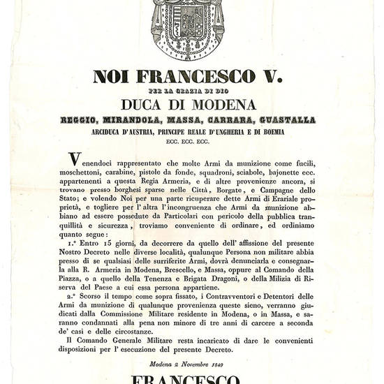 Decreto del 2 Novembre 1849, con il quale si ordinava la consegna alle autorità delle armi possedute