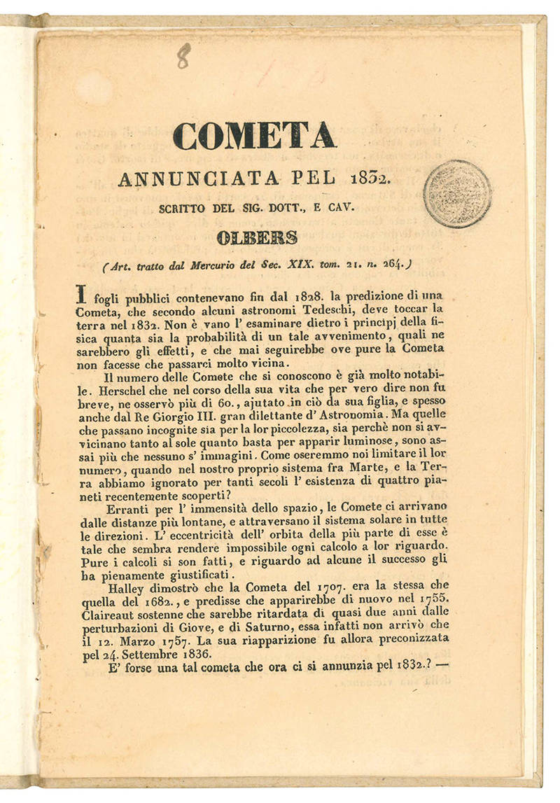 Cometa annunciata pel 1832 scritto del Sig. Dott., e Cav. Olbers.