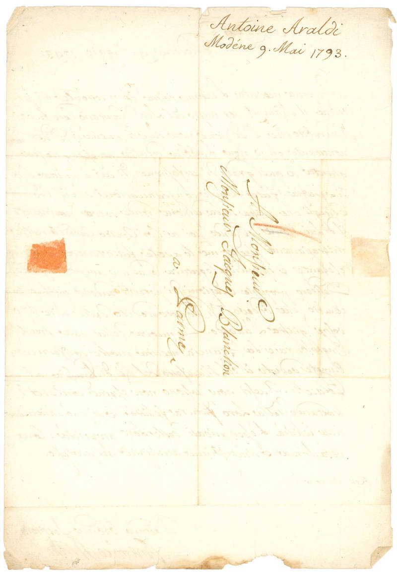 Otto lettere autografe firmate ed indirizzate al libraio di Parma Jacques Blanchon. Modena, 9 maggio 1793-21 agosto 1794