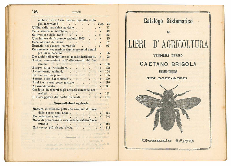 Almanacco agrario. Anno IX. 1876. (Insieme a:) Catalogo Sistematico di Libri d'Agricoltura vendibili presso Gaetano Brigola libraio Editore in Milano. Gennaio 1876.