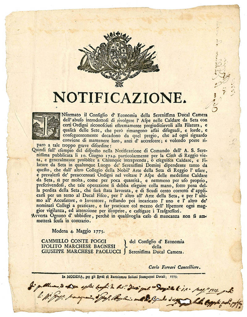 Notificazione del 4 Maggio 1775, con la quale si vietava l'utilizzo di Ordigni nel voltare l'aspetto delle Caldare da Seta.