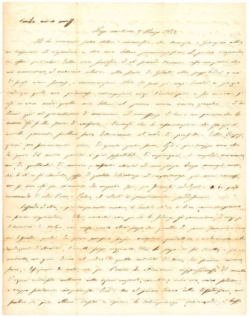 Lettera autografa firmata indirizzata ad un non meglio specificato “Emilio amico cariss.”. Nizza Marittima, 9 marzo 1853