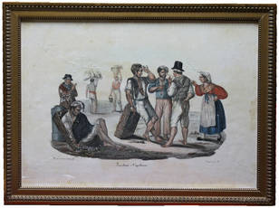 Serie di 4 grandi scene di vita napoletana di metà Ottocento in litografia a vivaci colori rialzati con gomma arabica.