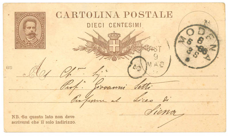 Cartolina autografa firmata con le iniziali AV ed indirizzata al Prof. Giovanni Setti a Siena. Modena, 8 maggio 1886