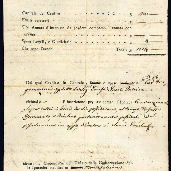 Collezione formata da 10 note di credito ipotecario e cambiali, tutte di area toscana e datate tra il 1805 e il 1821