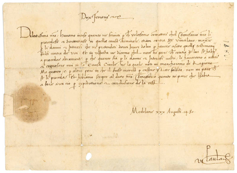 Lettera manoscritta in italiano indirizzata alla Marchesa Violante Rangone in Modena. Medelana, 30 agosto 1480