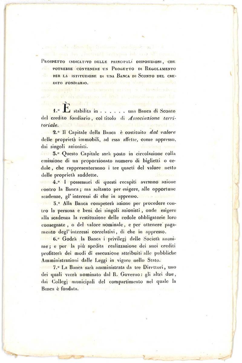 Prospetto indicativo delle principali disposizioni, che potrebbe contenere un progetto di regolamento per la istituzione di una banca di sconto del credito fondiario