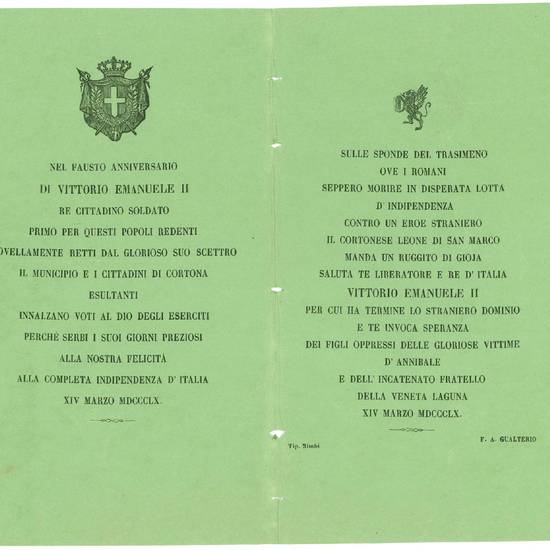 Raccolta comprendente complessivamente 55 pezzi tra documenti manoscritti, dispacci telegrafici, manifesti, proclami e pamphlet a stampa riguardanti i moti risorgimentali ad Arezzo e dintorni tra il 1848 e il 1861