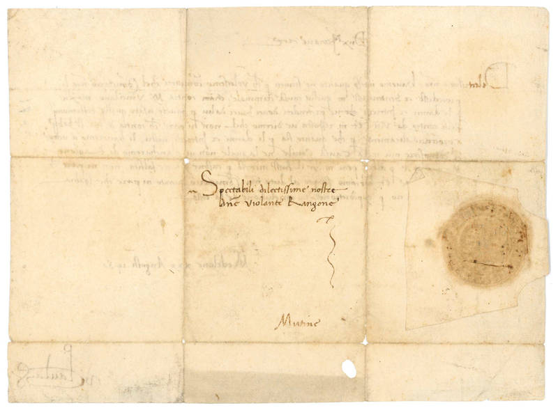 Lettera manoscritta in italiano indirizzata alla Marchesa Violante Rangone in Modena. Medelana, 30 agosto 1480