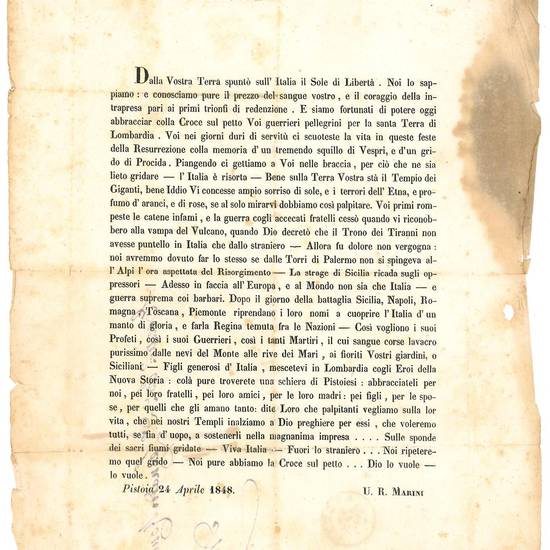 Raccolta comprendente complessivamente 55 pezzi tra documenti manoscritti, dispacci telegrafici, manifesti, proclami e pamphlet a stampa riguardanti i moti risorgimentali ad Arezzo e dintorni tra il 1848 e il 1861