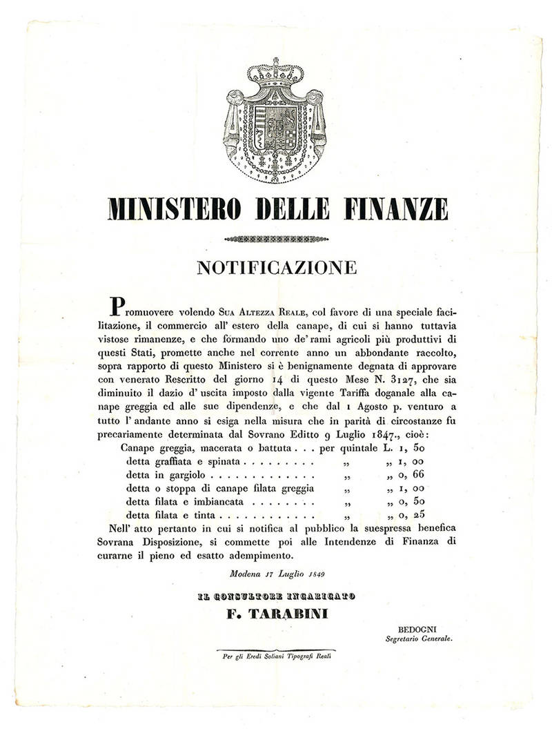 Notificazione del 17 Luglio 1849, con la quale si intendeva favorire l'esportazione della canape