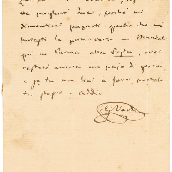 Autograph letter signed and addressed to a certain Luigi Bezzi, Albergo del Canaletto, Reggio di Modena. Parma, 11 September 1859