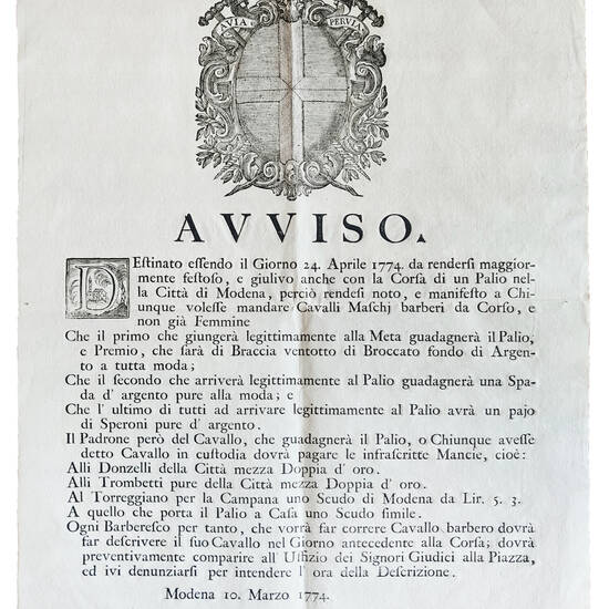 Avviso firmato dal Cancelliere Giuseppe Gaetano Benzi e datato Modena, 10 marzo 1774