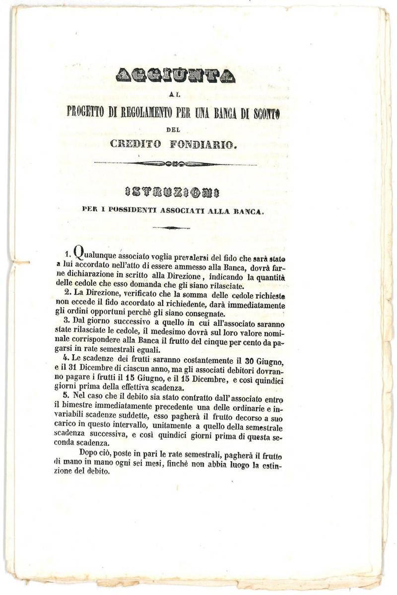 Prospetto indicativo delle principali disposizioni, che potrebbe contenere un progetto di regolamento per la istituzione di una banca di sconto del credito fondiario