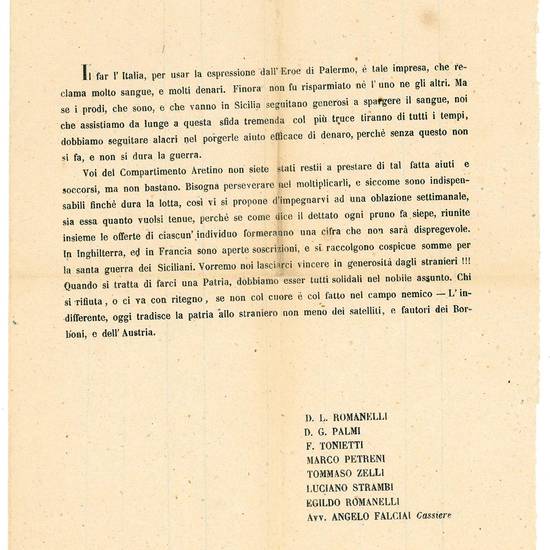 Raccolta comprendente complessivamente 55 pezzi tra documenti manoscritti, dispacci telegrafici, manifesti, proclami e pamphlet a stampa riguardanti i moti risorgimentali ad Arezzo e dintorni tra il 1848 e il 1861