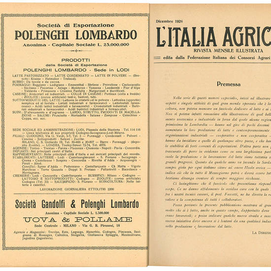 Numero speciale dedicato a "Il Latte e si suoi derivati". Anno 63 - N. 12. Dicembre 1926.