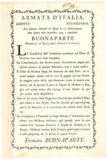Bonaparte Generale in Capo dell’Armata in Italia. Le condizioni dell’Armistizio, conchiuso col Duca di Modena, non sono state riempiute [...] Firmato. Buonaparte