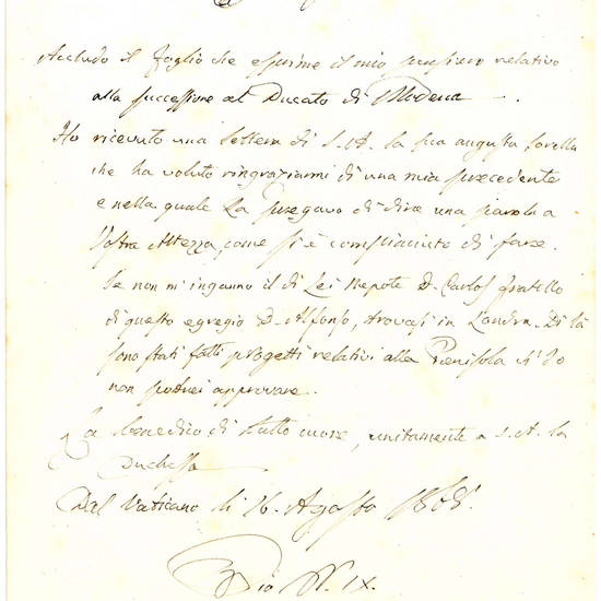 Autograph letter signed and addressed to Francis V, Duke of Modena. From the Vatican, on 16 August 1868