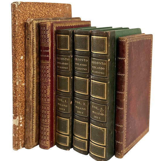 Small collection of five books from the 18th and 19th century printed on blue, light blue, pink and light walnut color paper