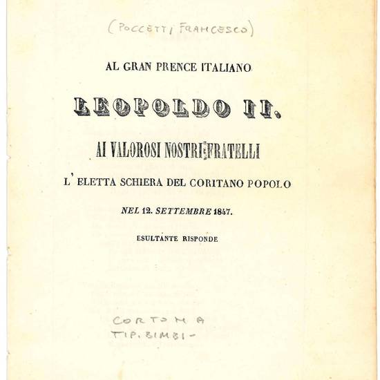 Raccolta comprendente complessivamente 55 pezzi tra documenti manoscritti, dispacci telegrafici, manifesti, proclami e pamphlet a stampa riguardanti i moti risorgimentali ad Arezzo e dintorni tra il 1848 e il 1861