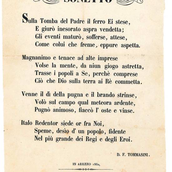 Raccolta comprendente complessivamente 55 pezzi tra documenti manoscritti, dispacci telegrafici, manifesti, proclami e pamphlet a stampa riguardanti i moti risorgimentali ad Arezzo e dintorni tra il 1848 e il 1861