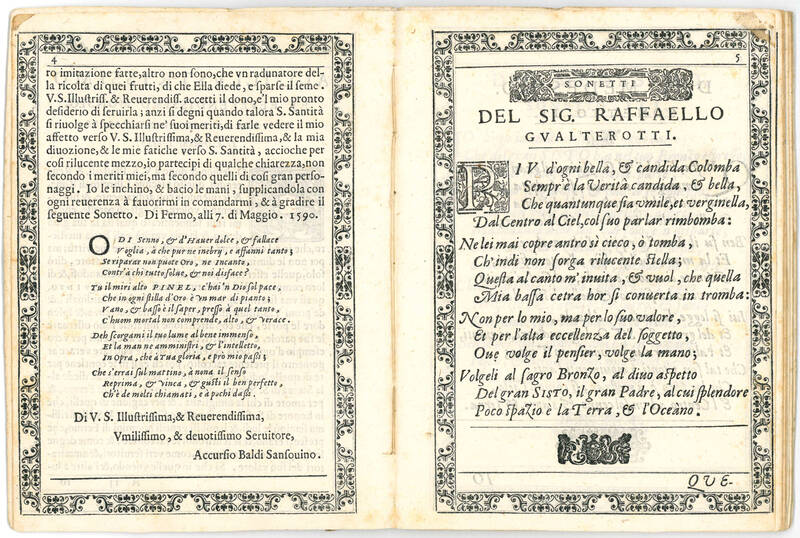 Prima parte delle rime toscane, et de’ versi latini da diversi autori composti, in lode di Sisto Quinto, et della Statua di Bronzo dalla M. Illust. Città di Fermo dedicata à A. Santità, et fatta da Accursio Baldi Sansovino. All’Illustriss. et Rever