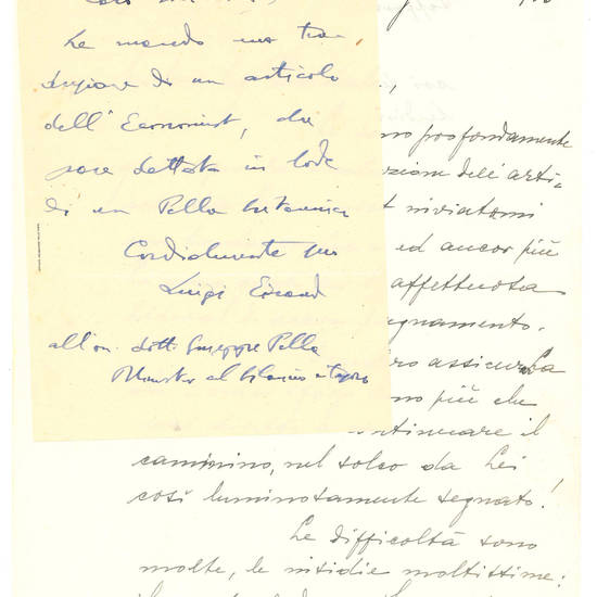 Typed letter signed and addressed to the Treasure Minister Giuseppe Pella. From Rome, 14 April 1951