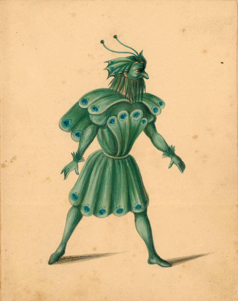 Collection of 70 watercolor drawings showing different theater costumes signed Witzmann. Germany or Austria, c. 1879