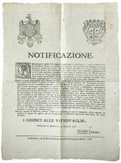 Notificazione. I Giudici delle Vittovaglie. PUbblicata in Modena li 25. Gennaro 1768