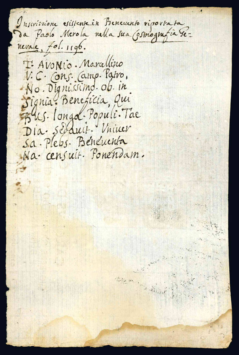 Inscrizzione esistente in Benevento riportata da Paolo Merola nella sua Cosmografia Generale.