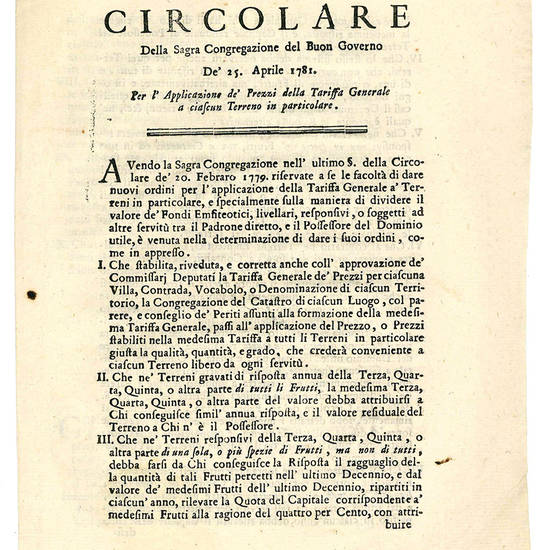 Circolare della Sagra Congregazione del Buon Governo de' 25. Aprile 1781